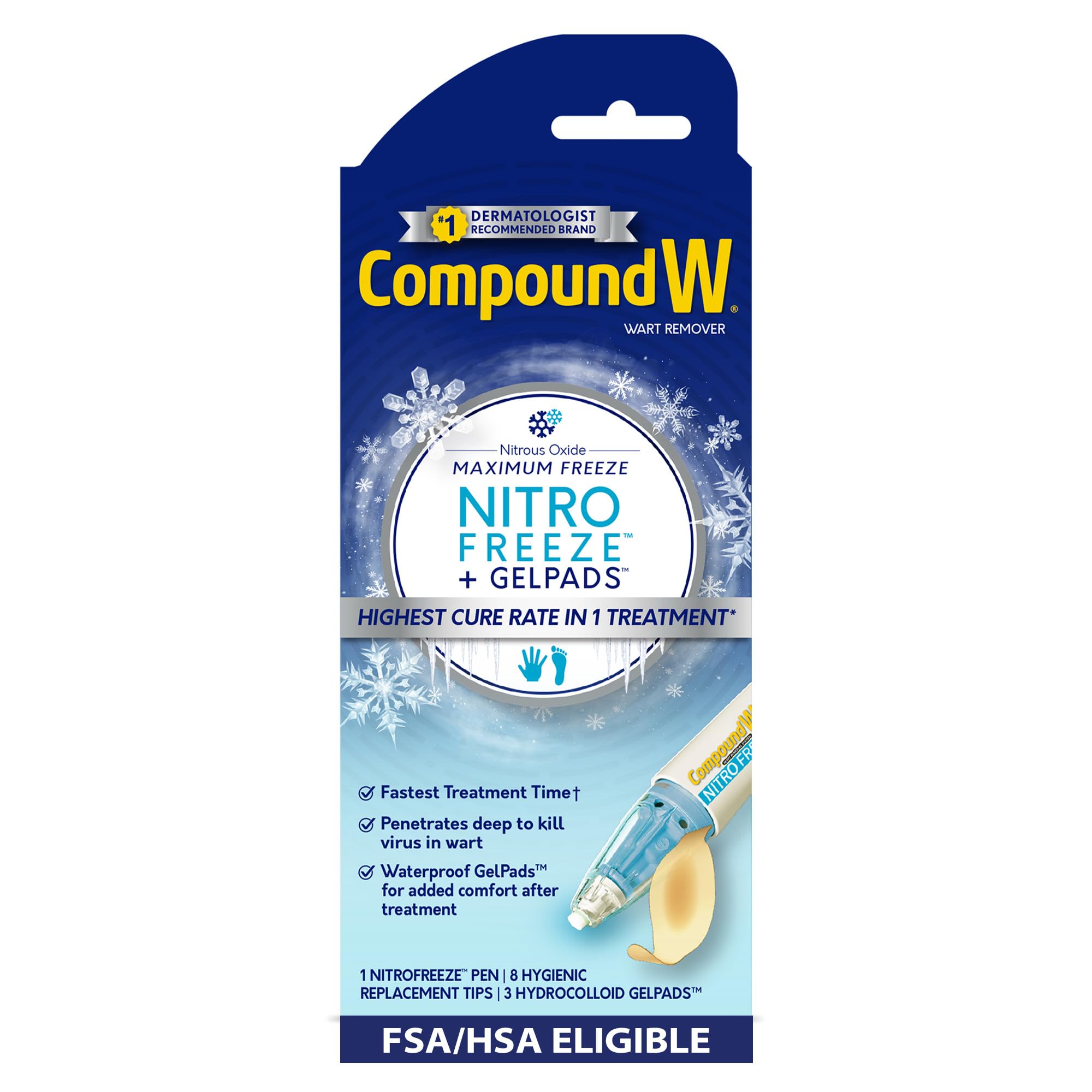 Compound W NitroFreeze pen for at home wart removal with deep freezing action.