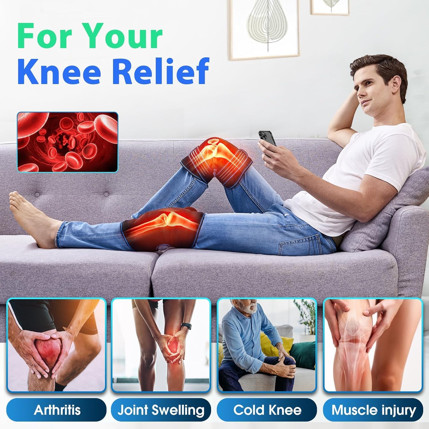 comrelax knee massager connected to 12V AC adapter for continuous heat