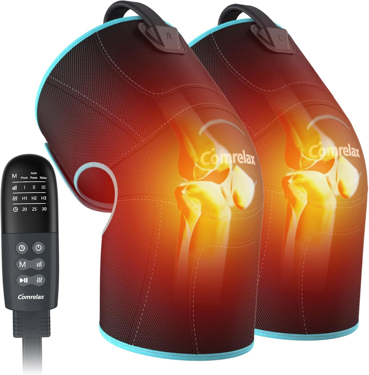 Comrelax knee massager in action with heat and compression for leg comfort.