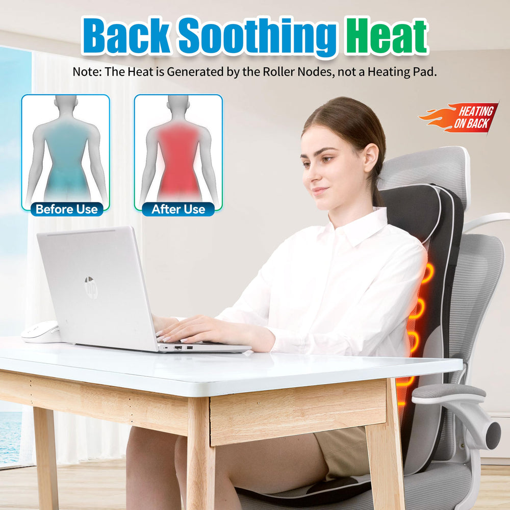 Comrelax massager with strap system secured to chair for hands-free relaxation