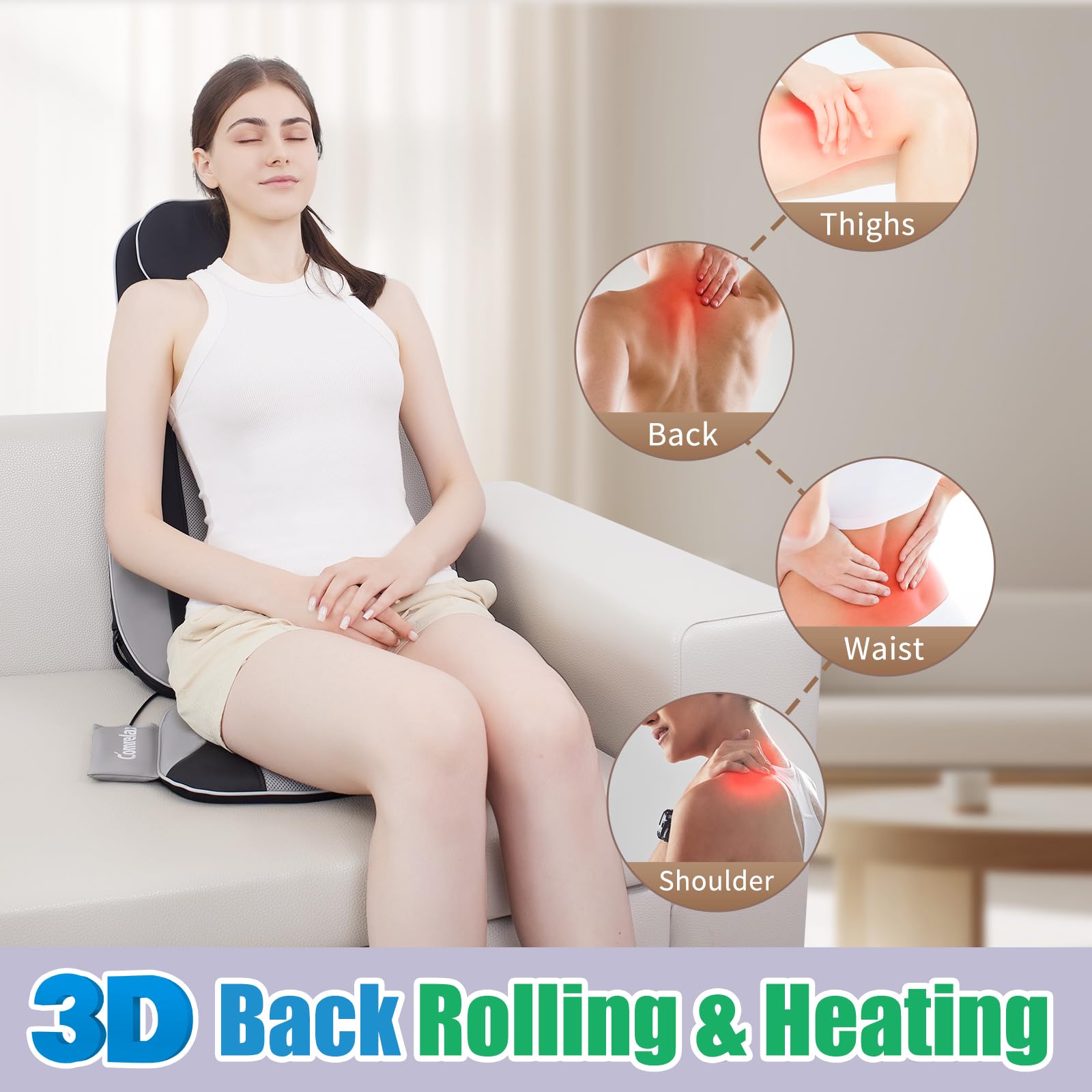 Comrelax back massager seat vibration targeting hips and thighs