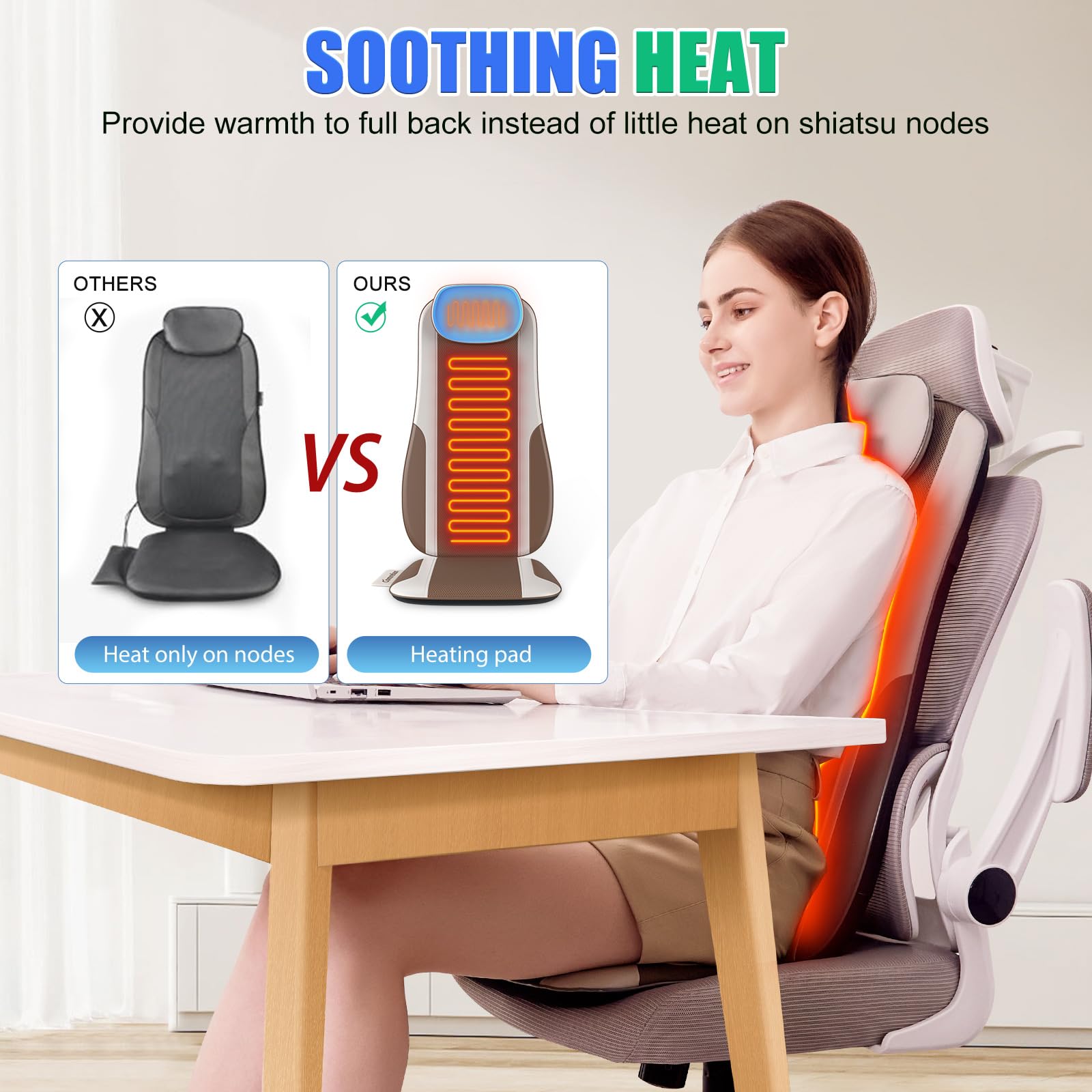 Comrelax strap system keeps massager stable on furniture for secure use.
