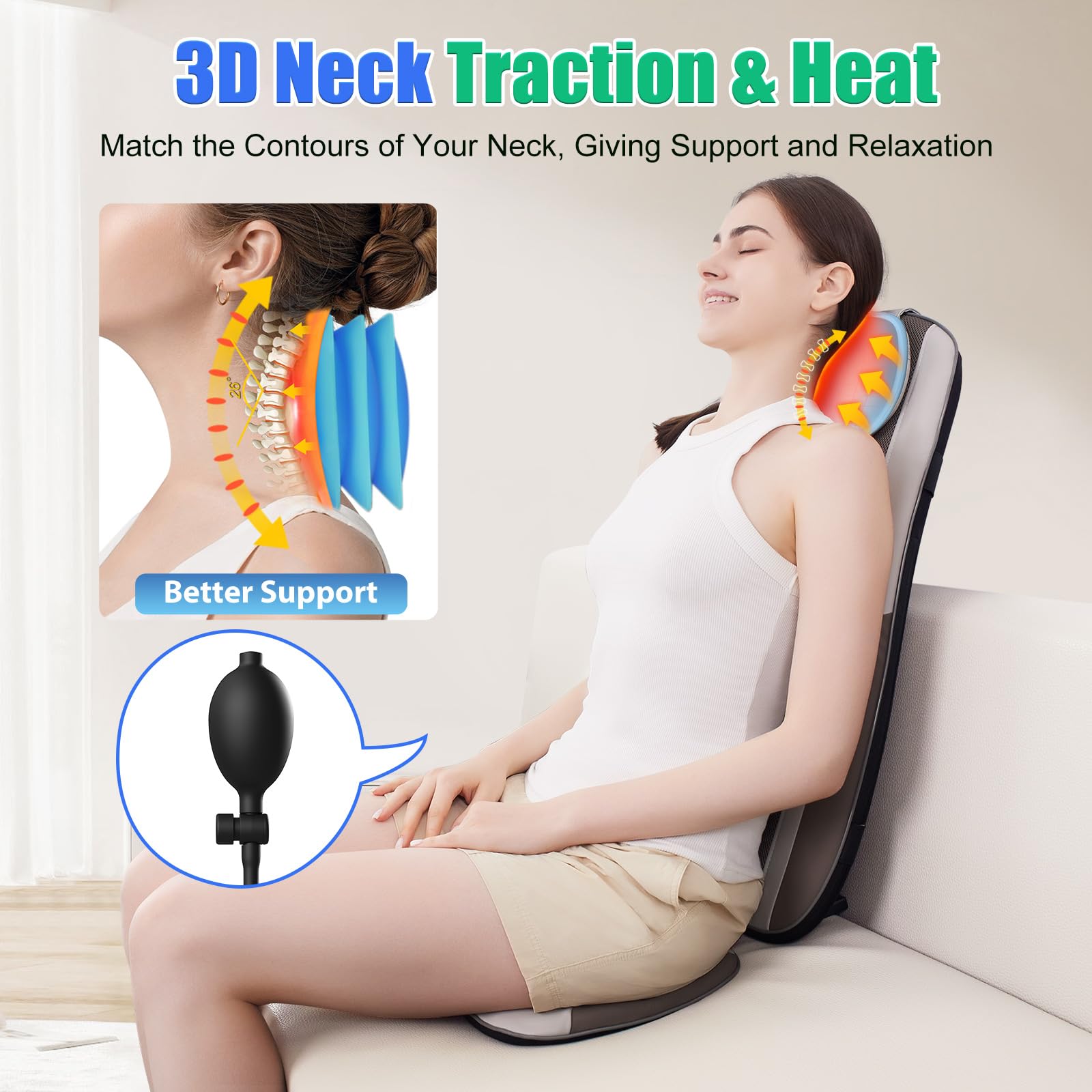 Comrelax vibration seat massage targets hips and thighs for full body relaxation.