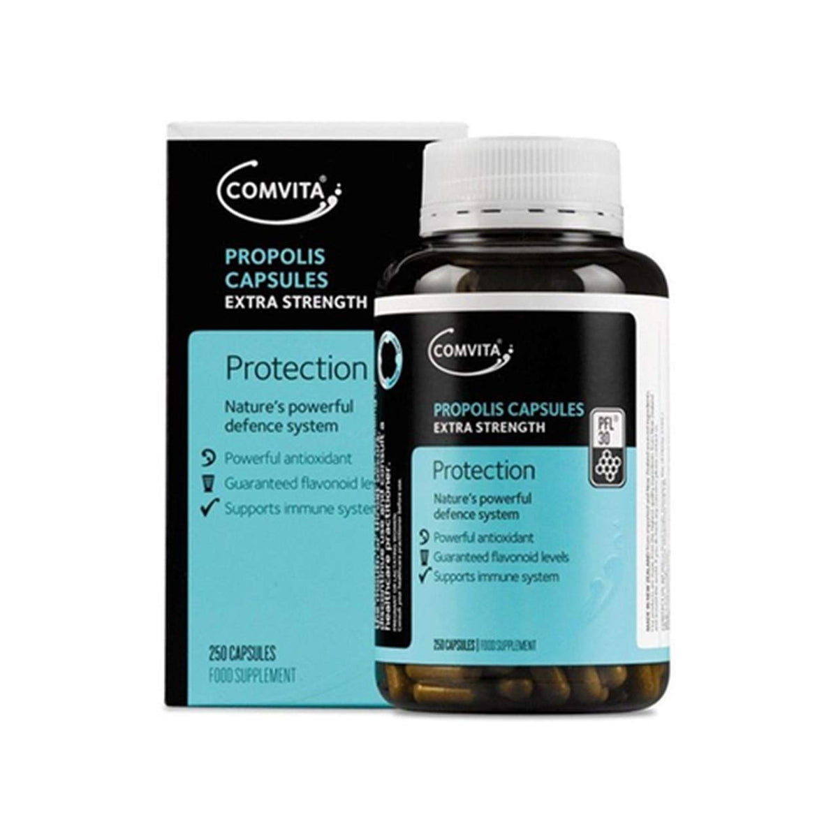 Comvita Propolis PFL30 capsules bottle for natural immune support and antioxidant benefits.