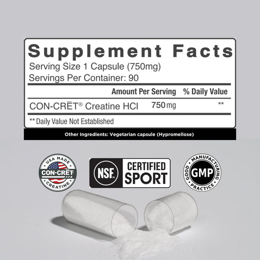 CON-CRET Creatine HCl capsules bottle-back shows NSF USA-made certification.