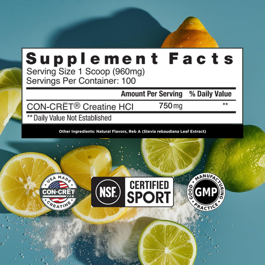 CON-CRET Creatine HCl label emphasizes USA-made quality and trust