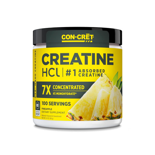 CON-CRET Creatine HCl pineapple bottle suggesting energy support for workouts