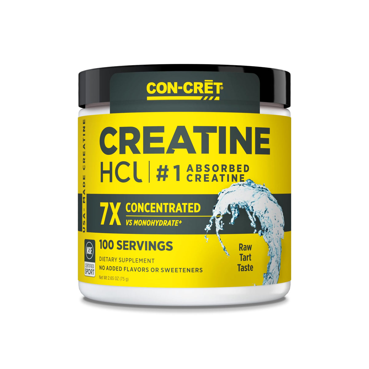 CON-CRET Creatine HCl powder bottle for convenient workout energy.