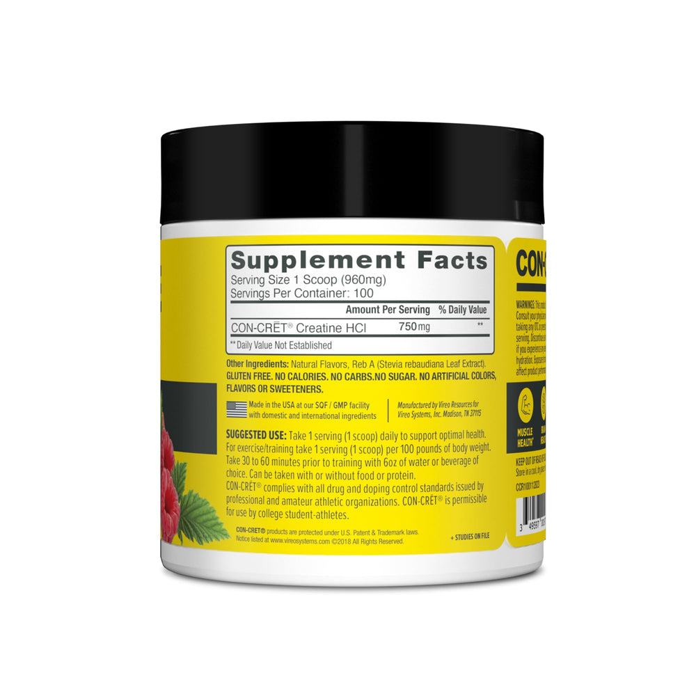 CON-CRET Creatine HCl NSF-certified seal emphasizes safety standards.