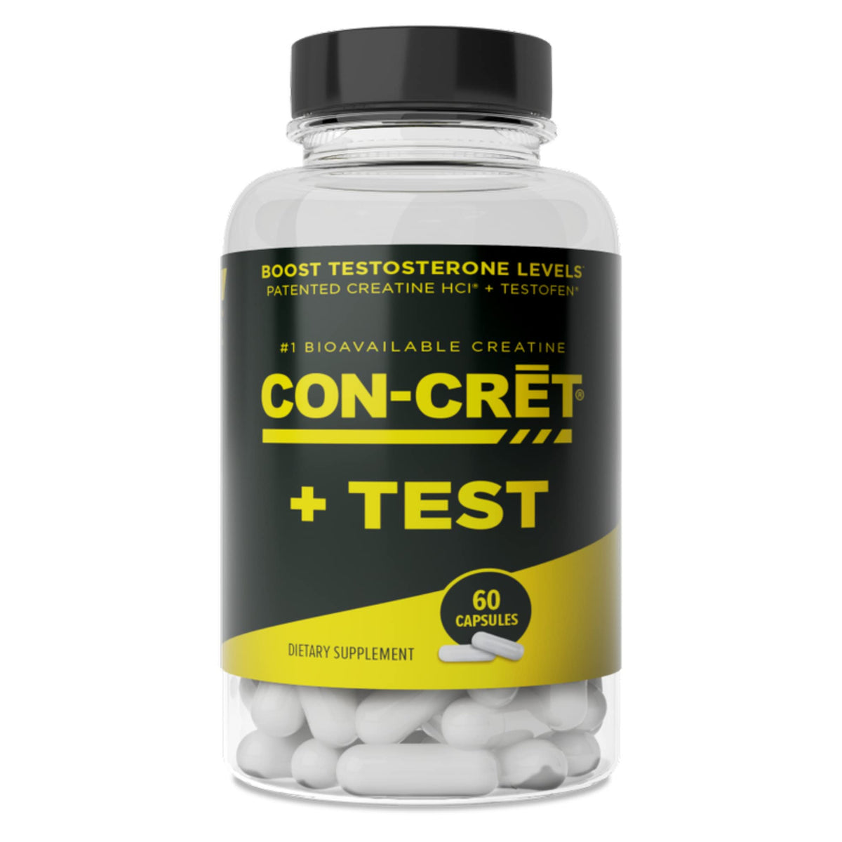 CON-CRET+ Testofen bottle closeup highlighting vitality and performance benefits.