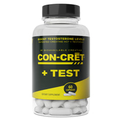 CON-CRET+ Testofen bottle closeup highlighting vitality and performance benefits.