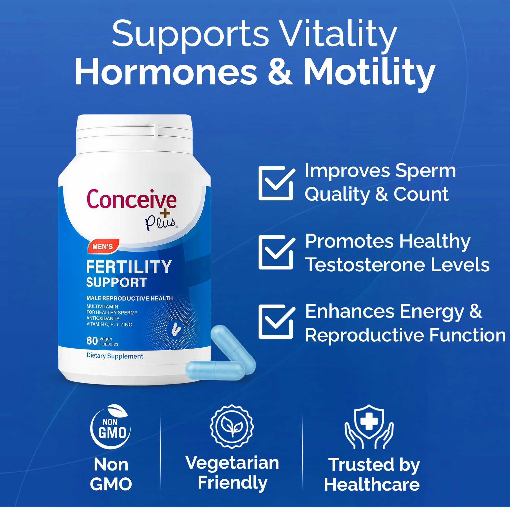 Conceive Plus men's fertility capsules close-up showing supplement form for reproductive wellness.
