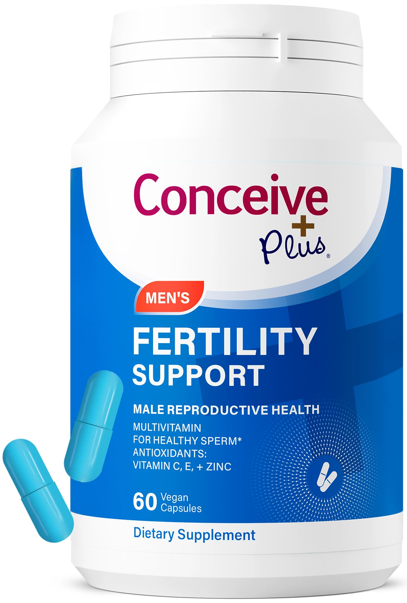Conceive Plus Men’s Fertility Support bottle cap close-up for dosage and sperm health.