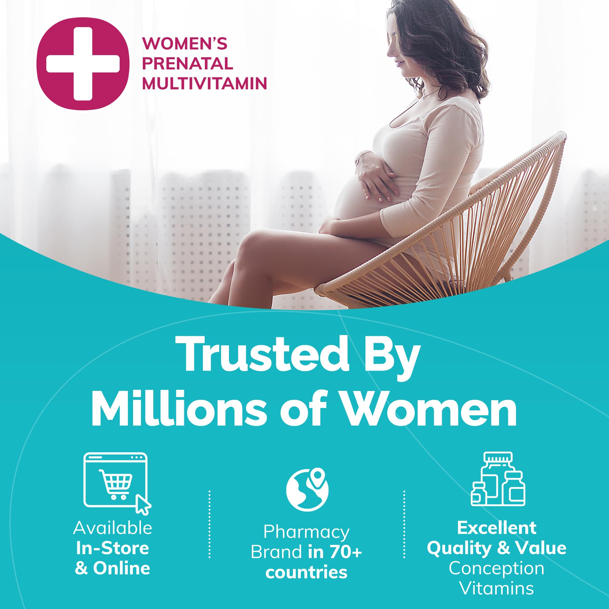 Conceive Plus Prenatal bottle back shows dosage information for daily use.