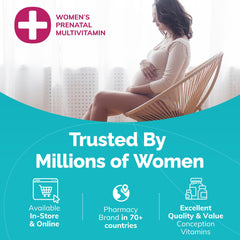 Conceive Plus Prenatal bottle back shows dosage information for daily use.