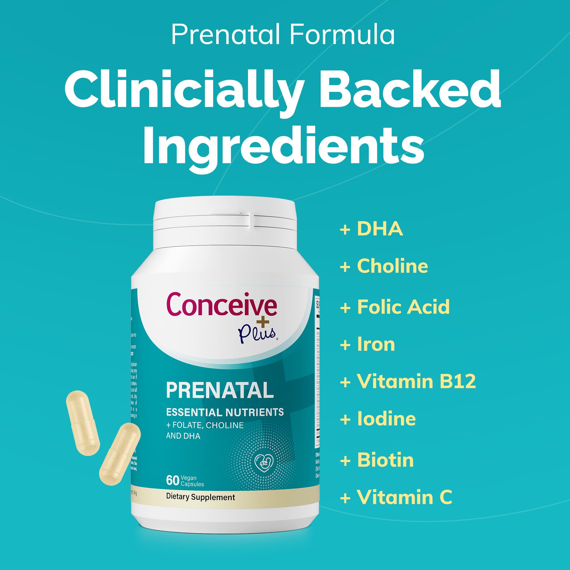 Conceive Plus Prenatal capsules ready to swallow for daily nutrient support.