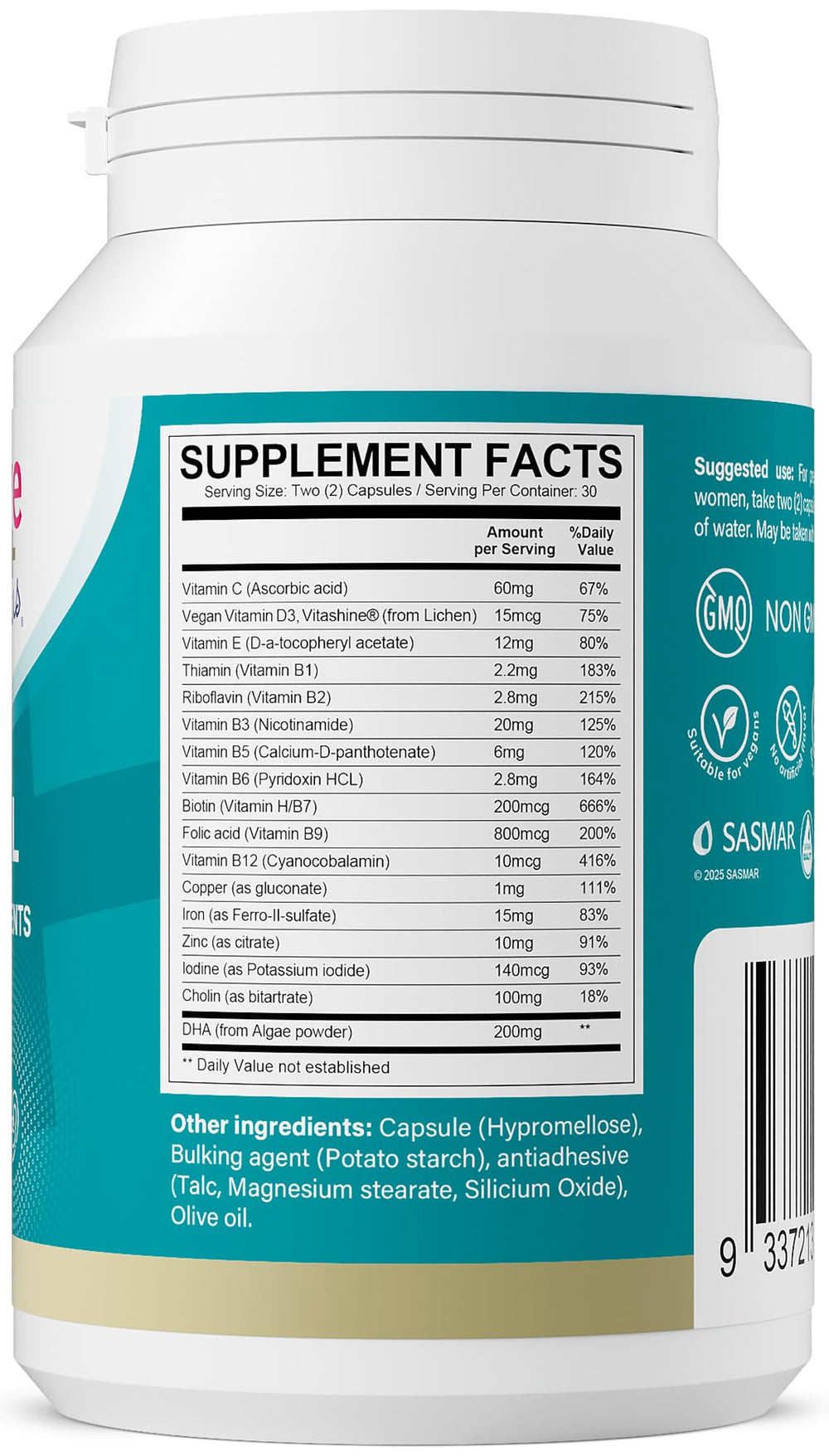 Conceive Plus Prenatal label emphasizes vegan and non GMO ingredients.