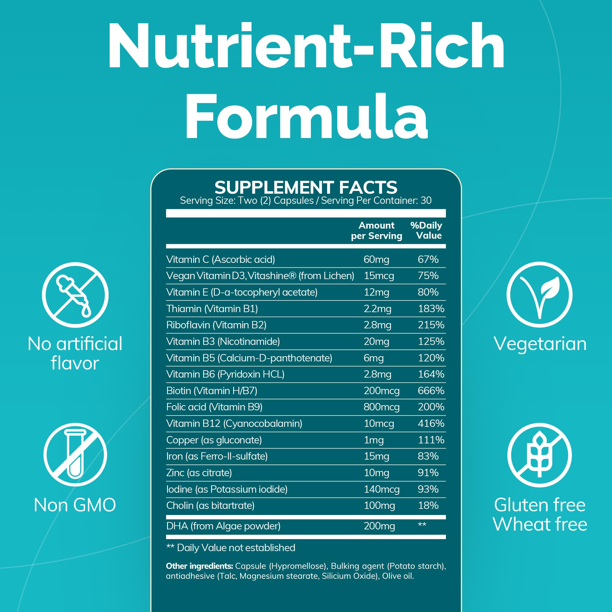 Conceive Plus Prenatal packaging box highlights vegan, non GMO formula.