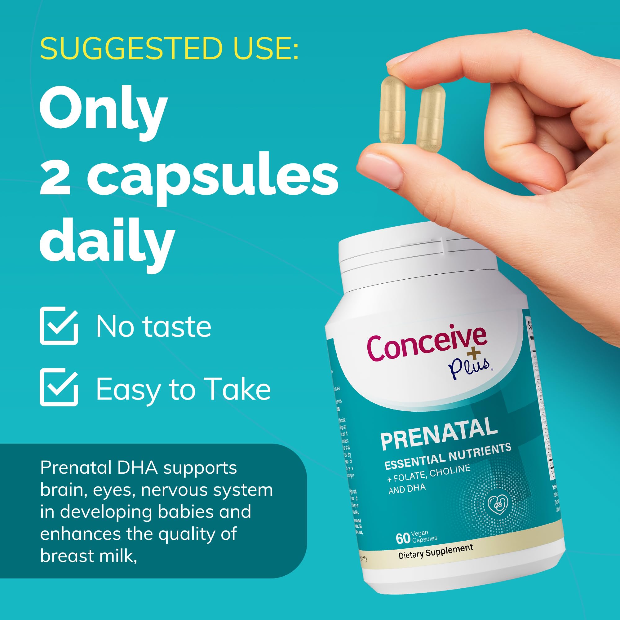Conceive Plus Prenatal vegan capsules for plant-based pregnancy nutrition.