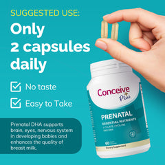 Conceive Plus Prenatal vegan capsules for plant-based pregnancy nutrition.