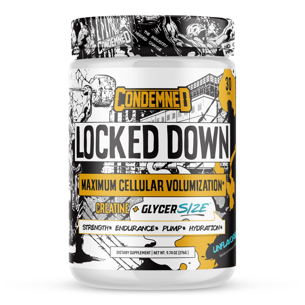CONDEMNED Labz Locked Down bottle with pour demonstrates hydration and potential performance support.