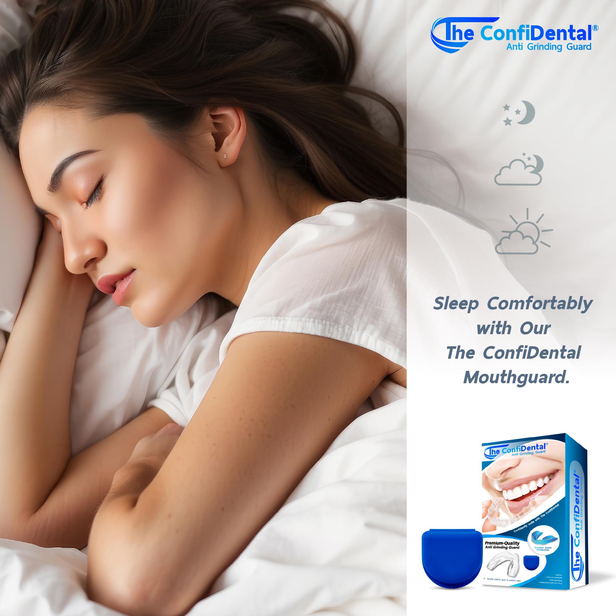 ConfiDental pack contents guide highlighting four guards and care steps.