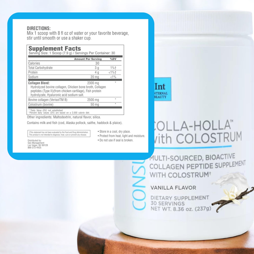 Consult Health Colla-Holla ingredients chart highlights Verisol, colostrum, and more