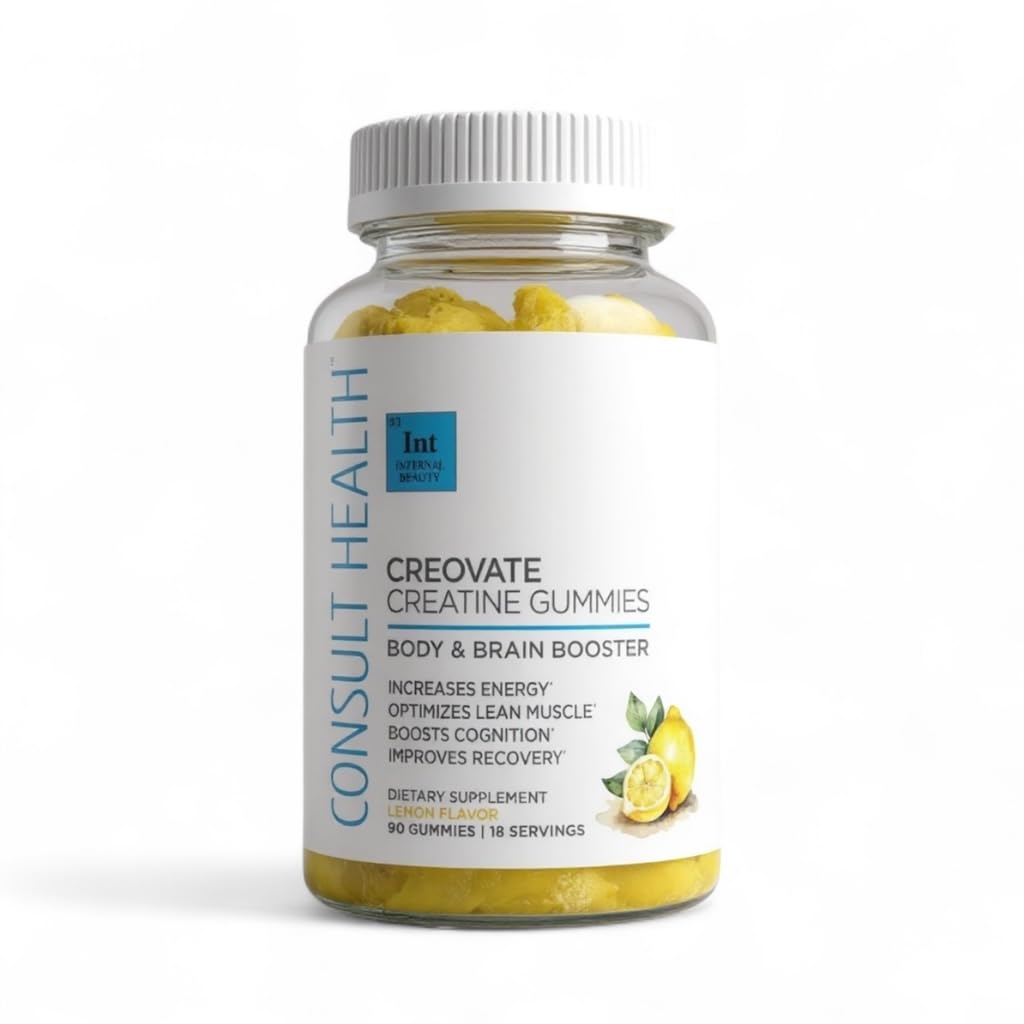 Consult Health Creovate Gummies lemon bottle showing zero sugar formula for a clean energy option.