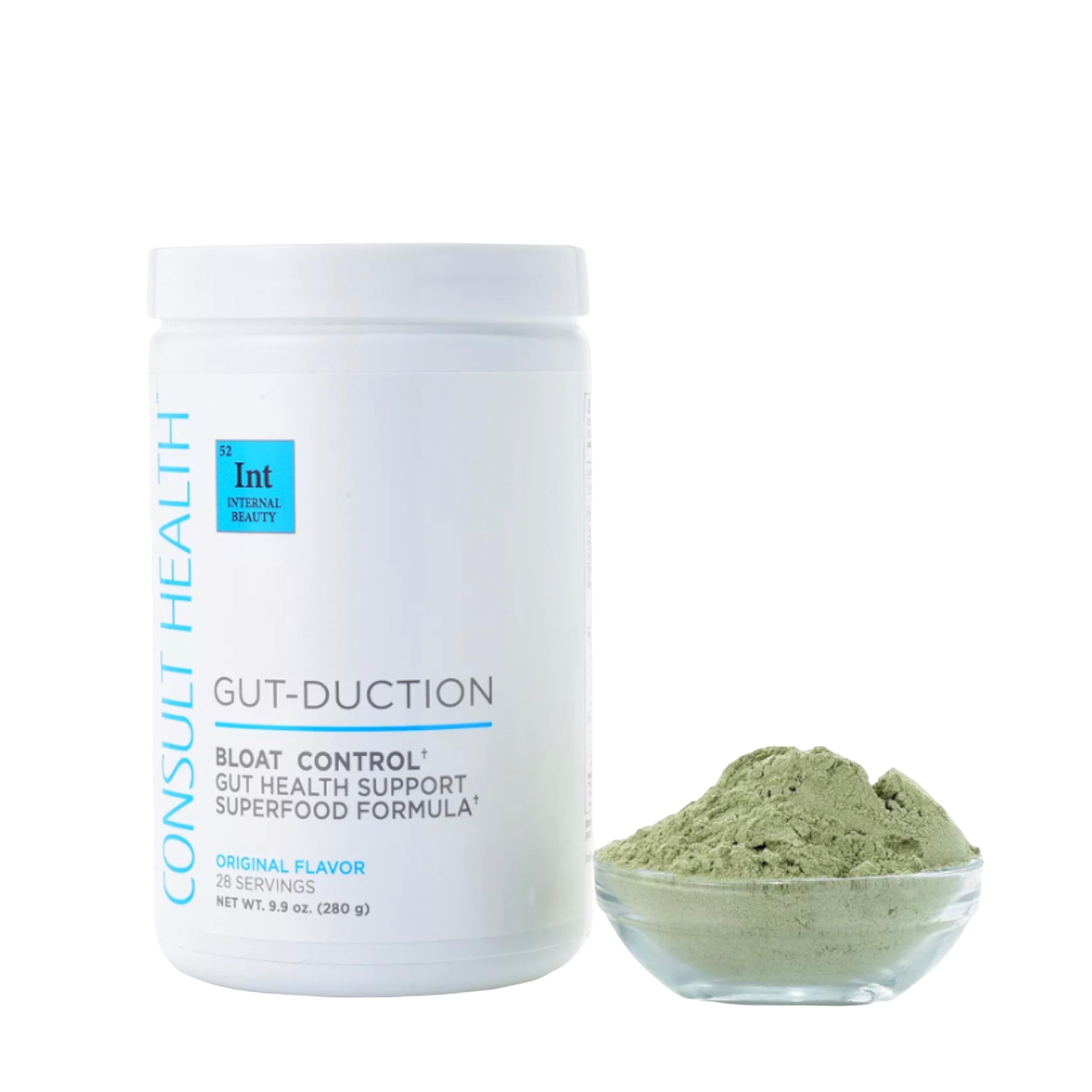Consult Health Gut-Duction bloat-control tub front for daily vegan gut support.