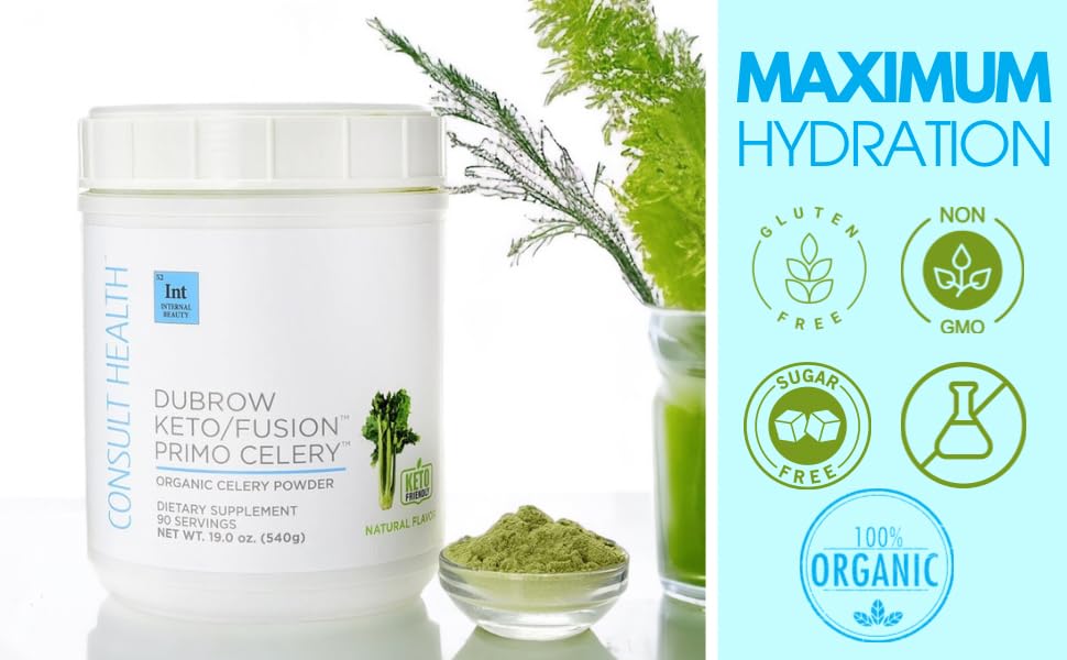 Primo Celery powder dissolving in water, organic emphasis.