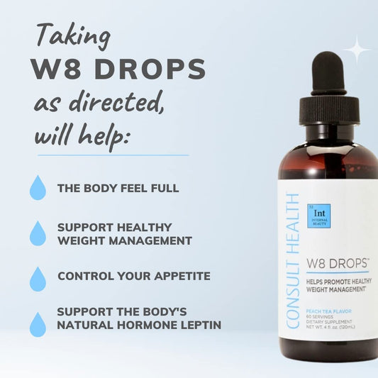 Consult Health W8 Drops dispensing pipette demonstrates simple two-dropper usage to support metabolism