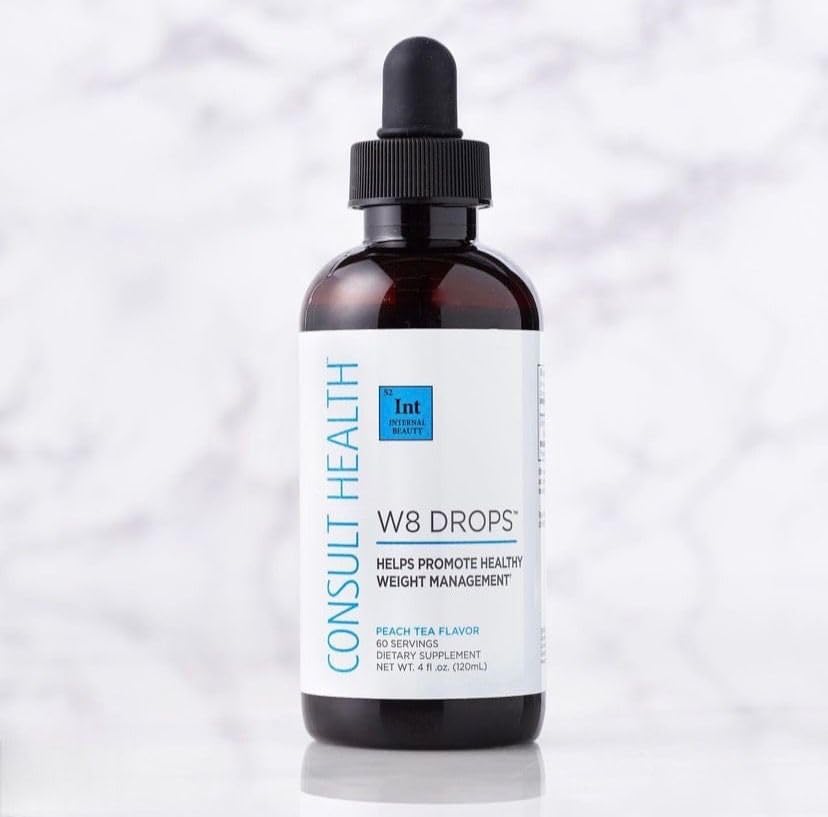 Consult Health W8 Drops two droppers per day shown with clear dosing guidance