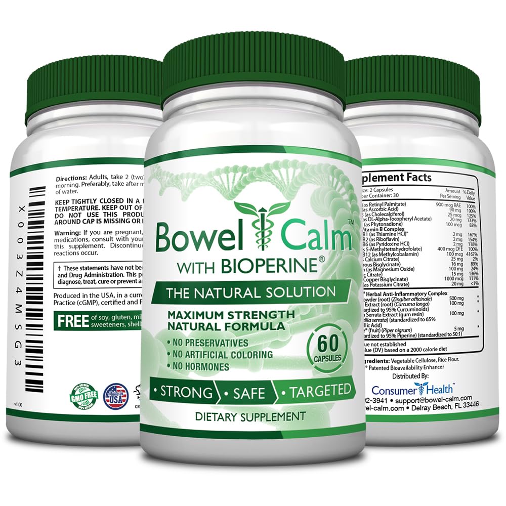 Consumer Health Bowel Calm capsule close-up emphasizes turmeric and boswellia ingredients.
