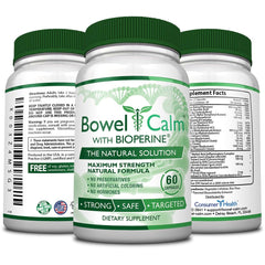 Consumer Health Bowel Calm capsule close-up emphasizes turmeric and boswellia ingredients.