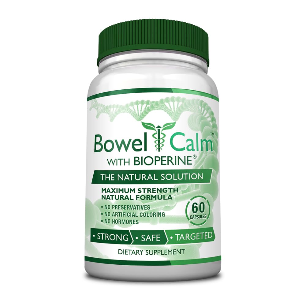 Consumer Health Bowel Calm bottle front with ginger and turmeric imagery for digestive comfort.