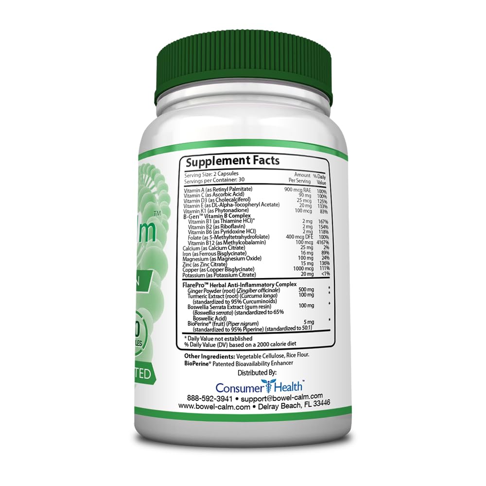 Consumer Health Bowel Calm bottle label highlights BioPerine for enhanced absorption.