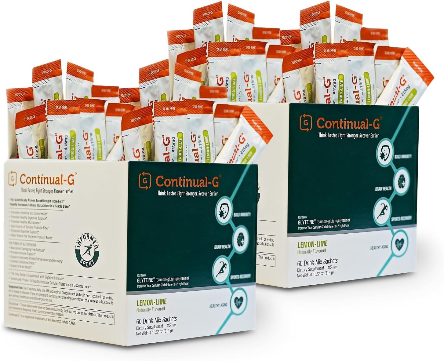 Continual-G powder sachets packaging close-up suggesting convenient daily use and antioxidant support.