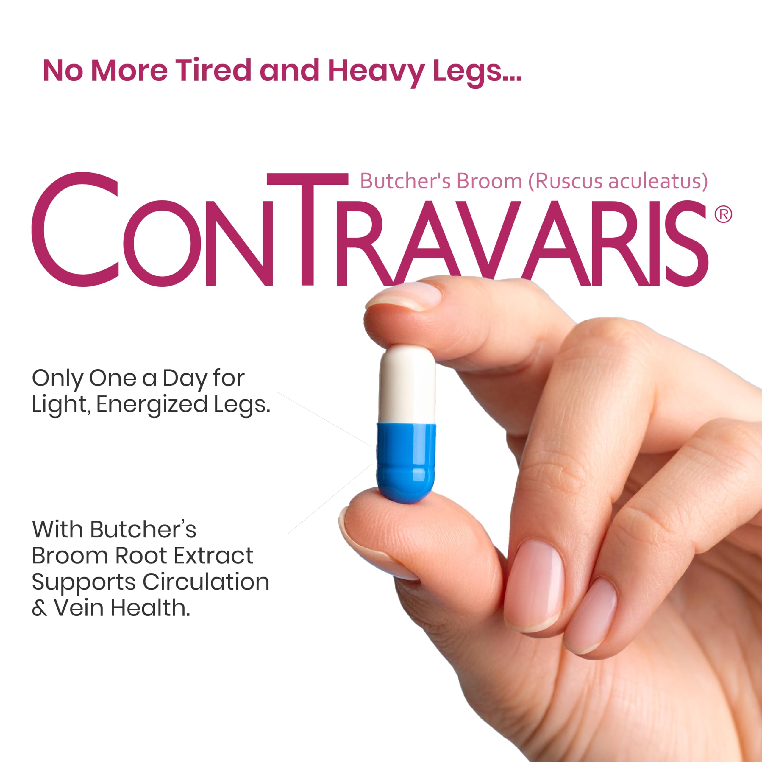 Contravaris capsules close-up illustrating daily leg health support.