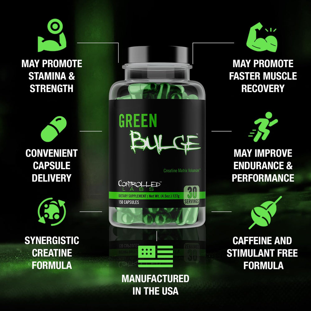 Green Bulge ingredients label shows MCC, CEE, and HyperBULGE for strength support