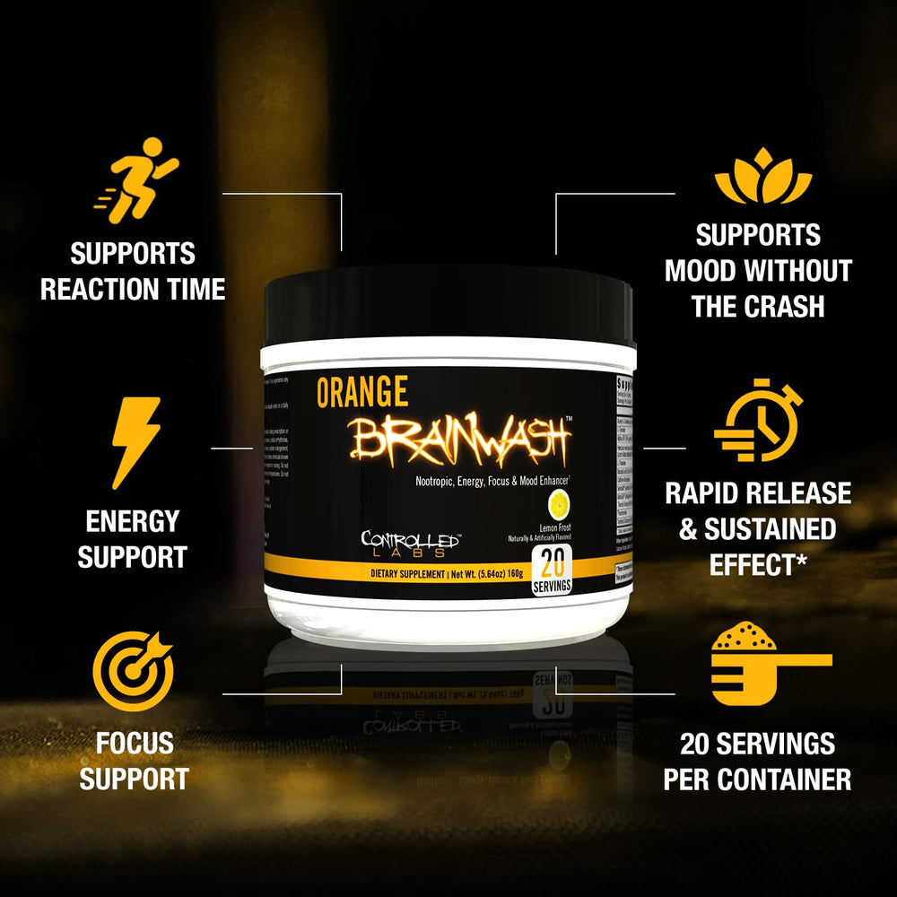 Controlled Labs Orange Brainwash scoop showing precise serving for clean focus