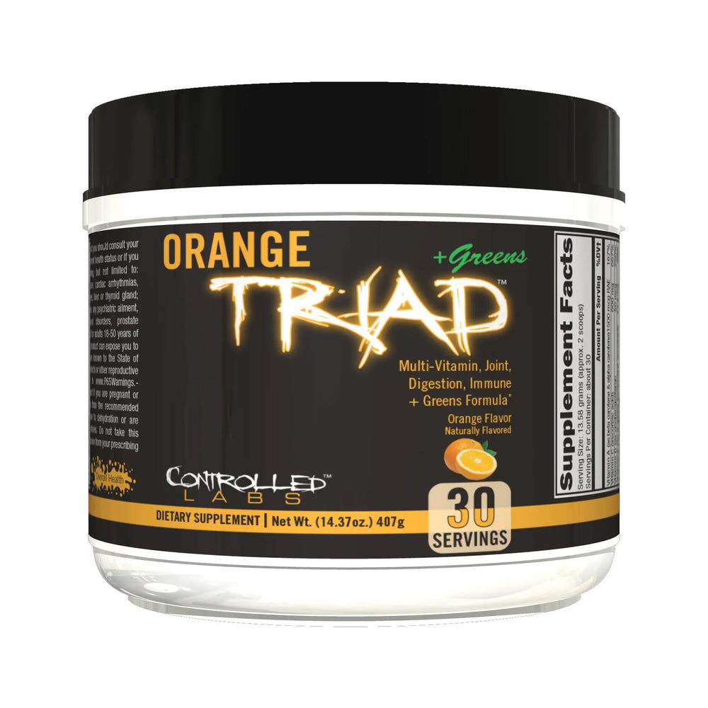 Controlled Labs Orange Triad Plus Greens bottle on a gym bench for joint support