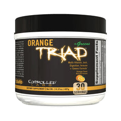 Controlled Labs Orange Triad Plus Greens bottle on a gym bench for joint support