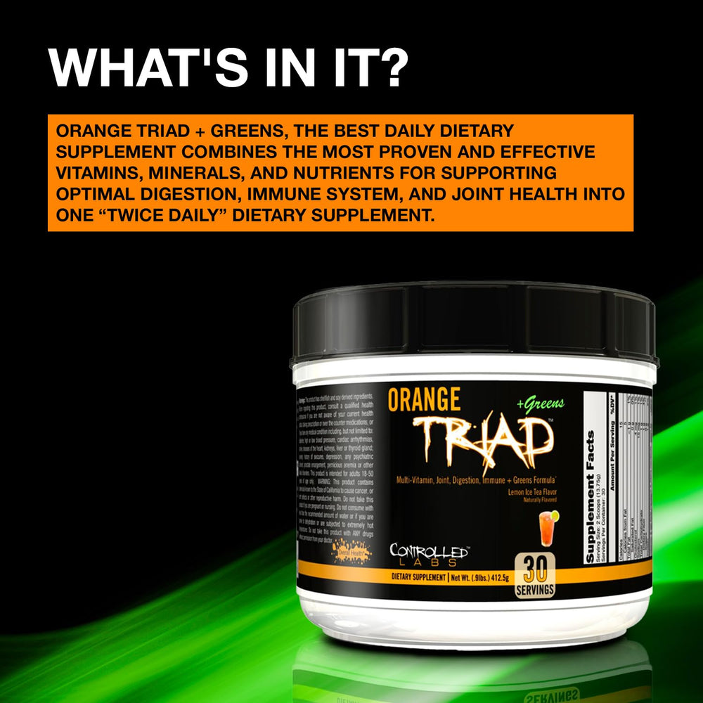 Product ingredients panel highlighting joint nutrients in Orange Triad Plus Greens.