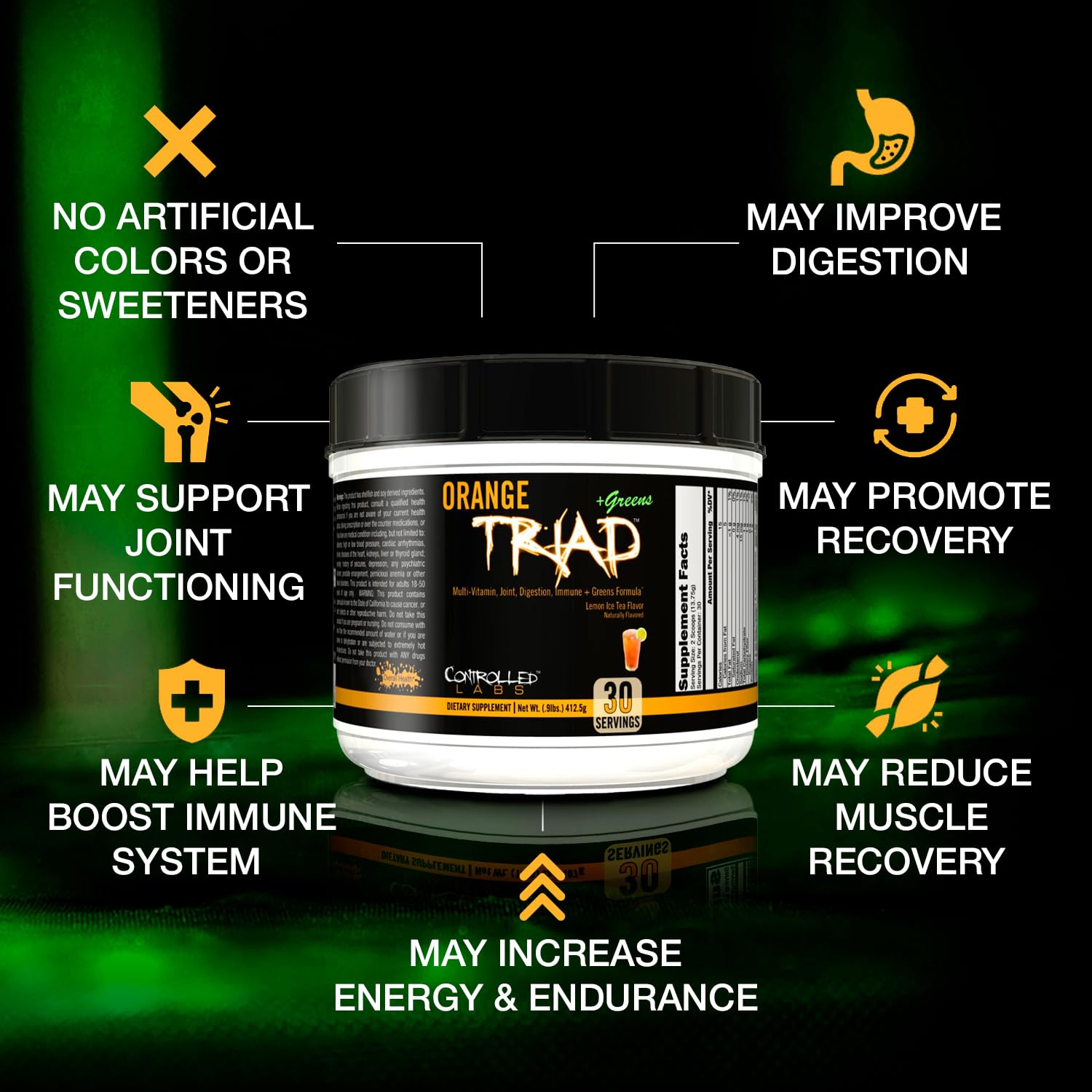 Orange Triad Plus Greens being poured into a glass for convenient daily use.
