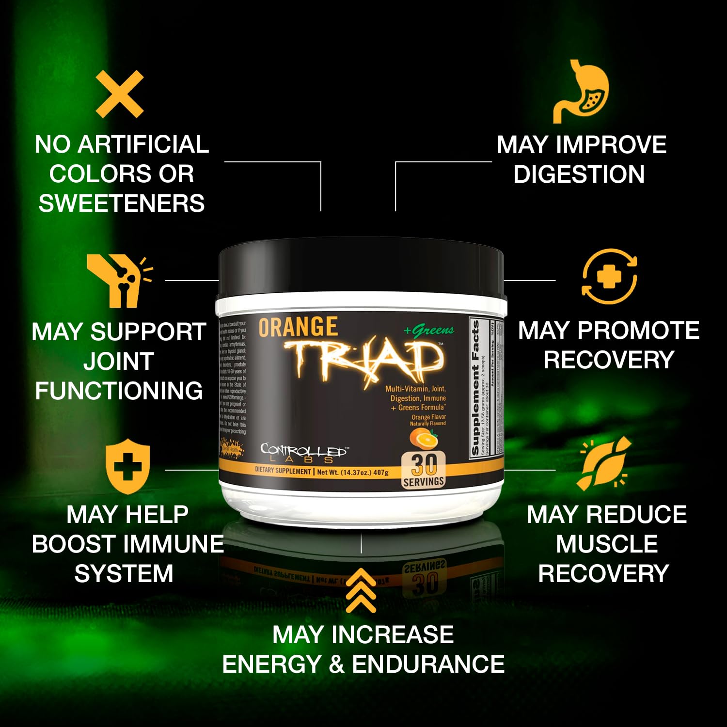Orange Triad Plus Greens scoop beside bottle for easy daily dosing