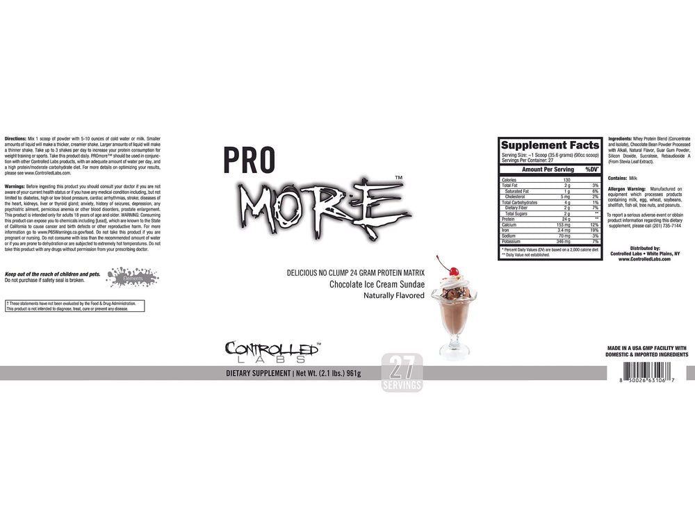 CONTROLLED LABS PROMORE nutrition facts label highlights 94% sugar-free formula.