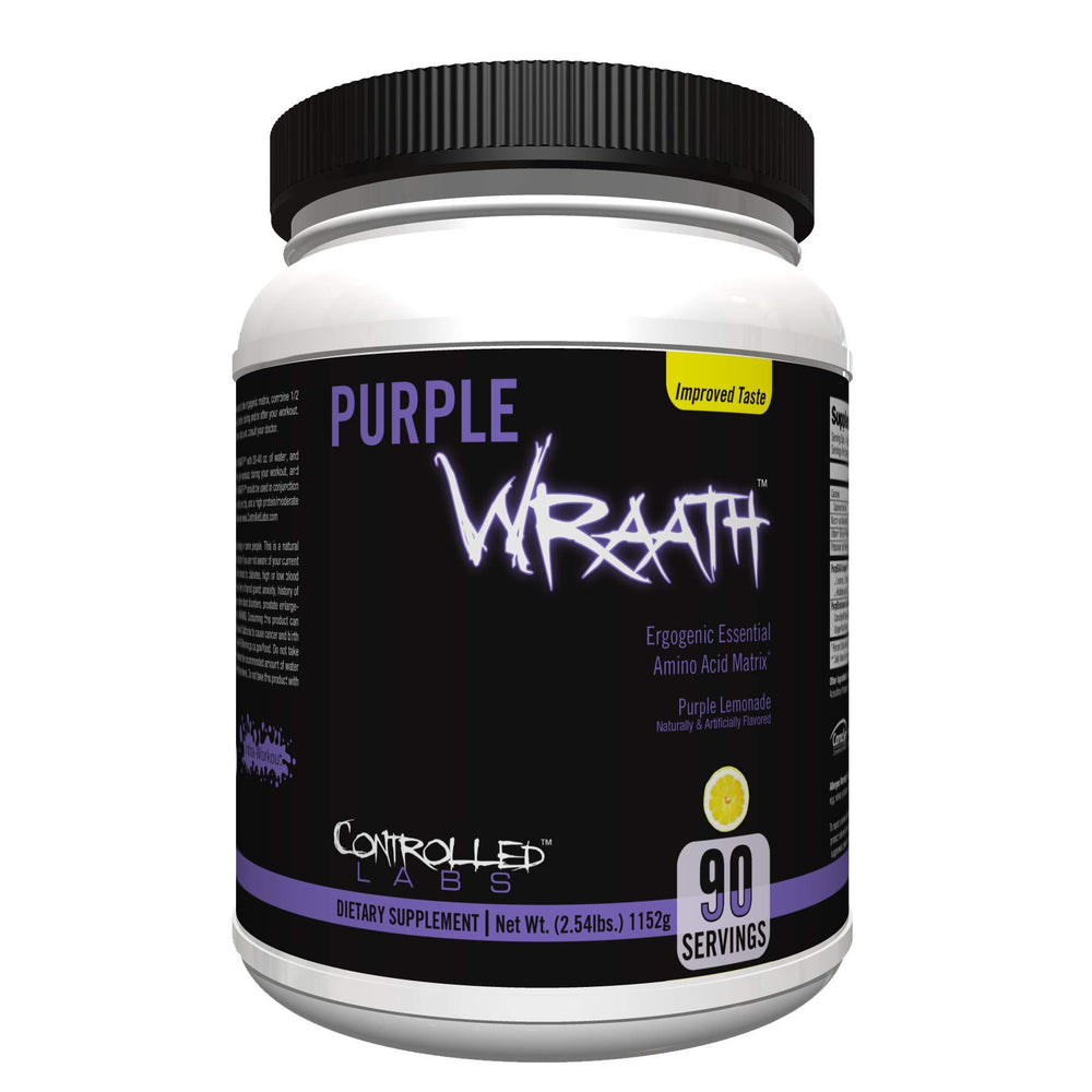 Controlled Labs Purple Wraath tub label highlights amino acids for intra-workout endurance.