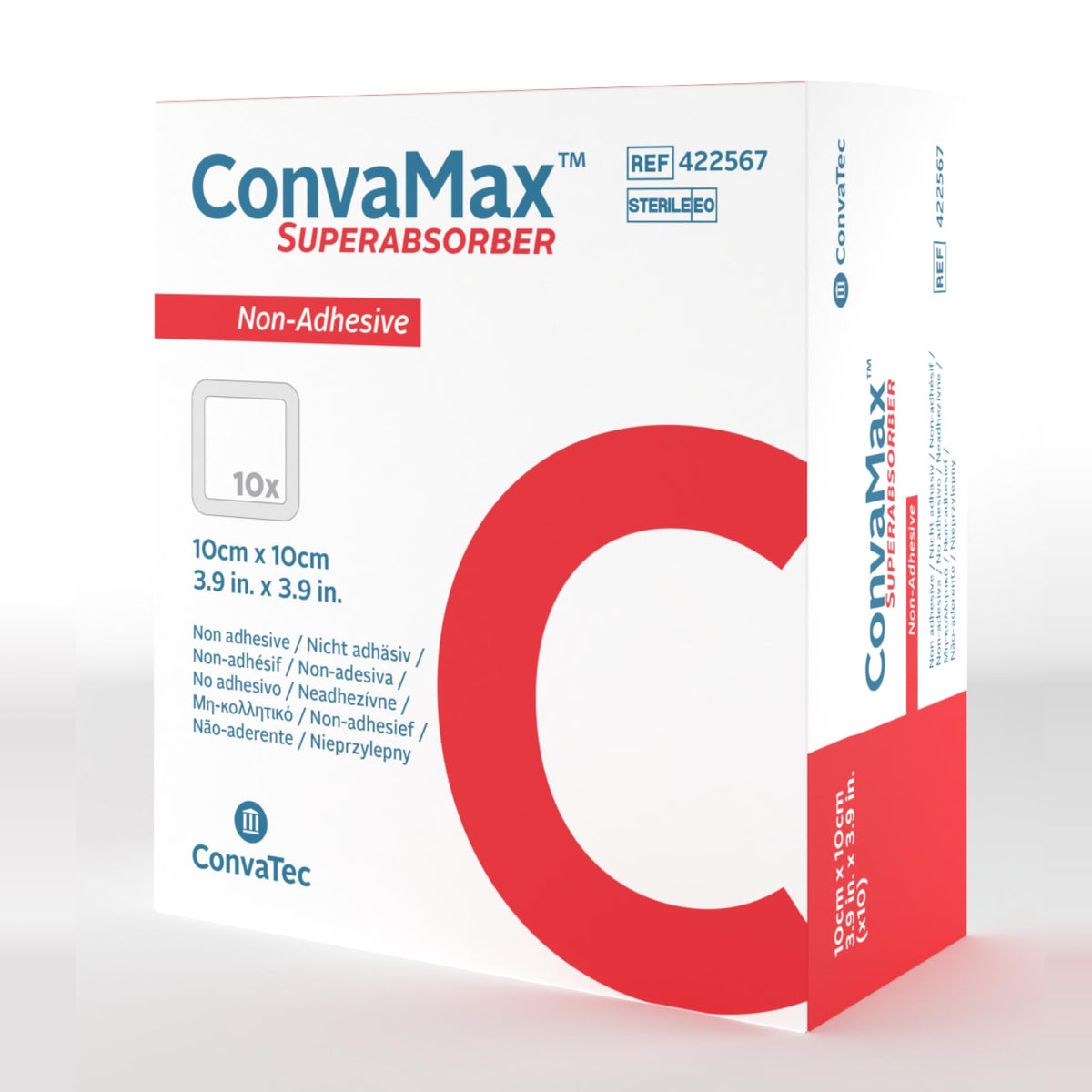 ConvaTec ConvaMax non-adhesive 4x4 dressing with high absorption and skin protection.