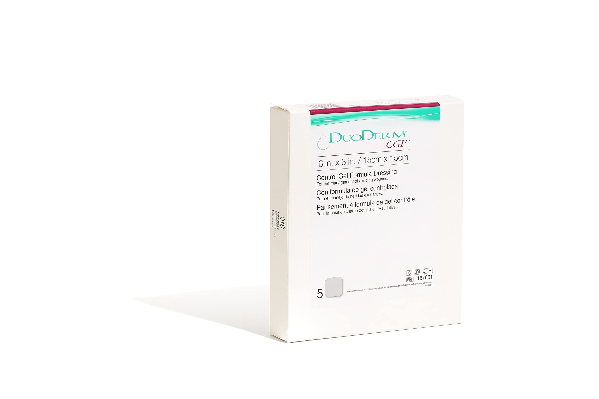 ConvaTec DuoDERM Control 5-count box shown on a clinic shelf.