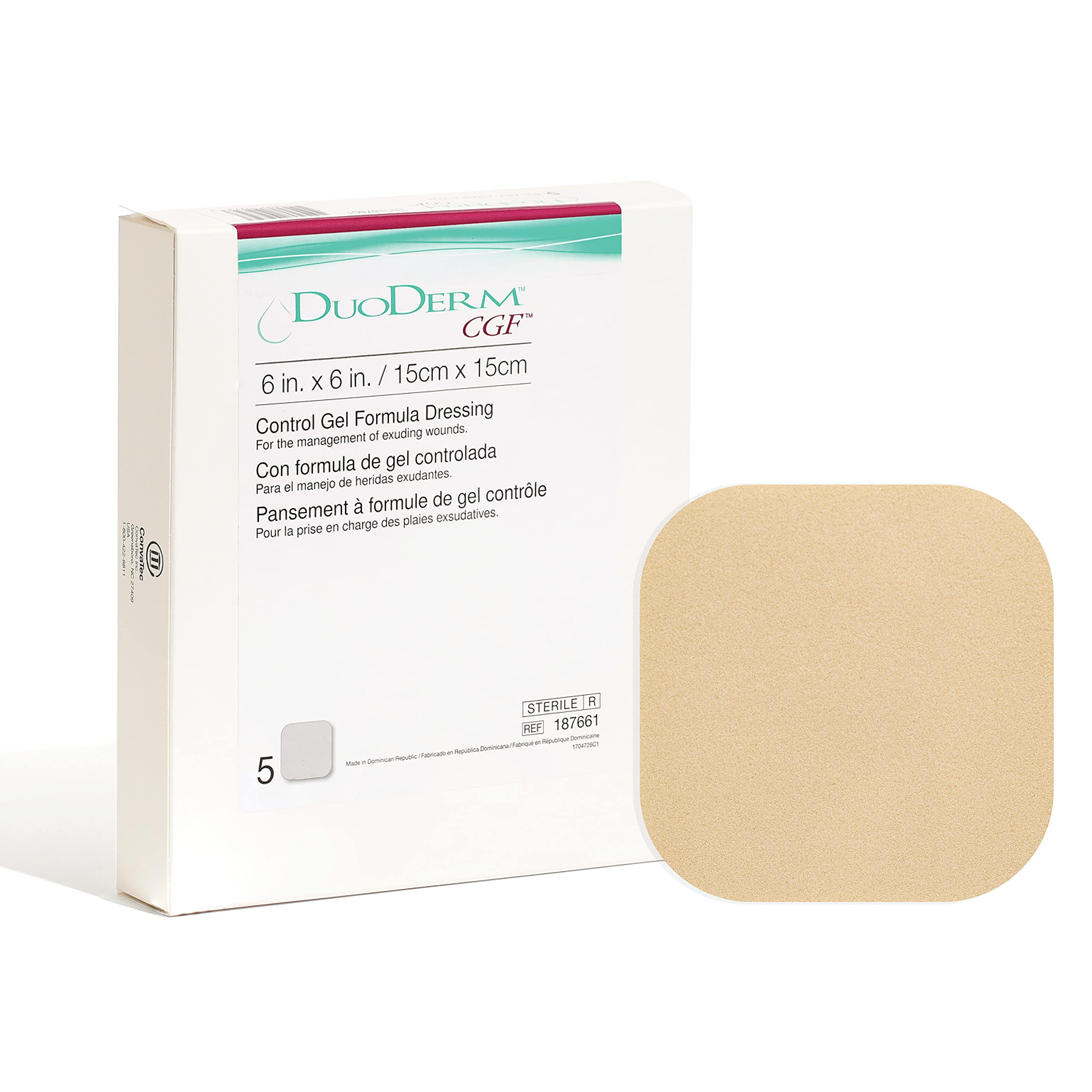 ConvaTec DuoDERM Control 6x6 dressing box in convenient 5-count packaging.